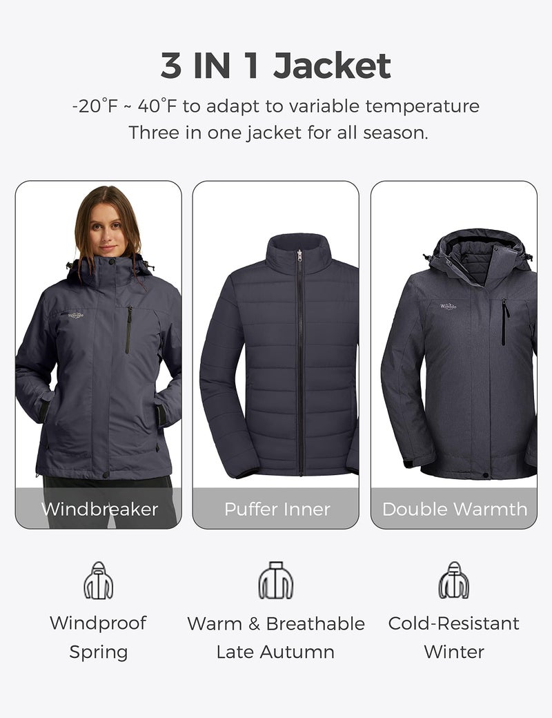 wantdo Women's Mountain Waterproof Snowboarding Jacket Warm Hooded Winter Coat Dark Gray M - Image 3